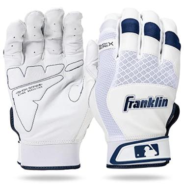 Imagem de Franklin Sports Luvas de rebatedor de beisebol MLB - Shok-Sorb X luvas de rebatedor para beisebol + softbol - adulto + jovem acolchoado sem picadas - branco + cromo marinho - adulto médio