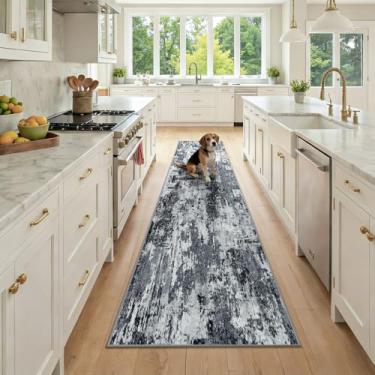 Imagem de RELEANY Tapetes laváveis 2x23 antiderrapantes modernos abstratos macios para sala de estar, entrada, quarto, berçário, padrão impresso, preto e cinza