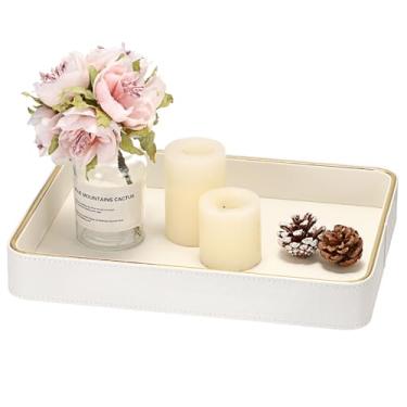 Imagem de Hipiwe Bandeja de couro com mesa de cabeceira retangular de linha dourada, organizador de cômoda para anéis de joias, bandeja decorativa, média