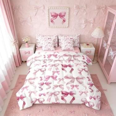 Imagem de Erosebridal Conjunto de edredom infantil com laço rosa, 7 peças | Jogo de cama kawaii feminino com laço em uma bolsa para quarto, fita coquete com edredom, decoração de quarto dos sonhos