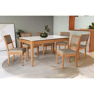 Imagem de Sala Jantar Mesa Mira Premium Madeira Maciça c/ Tampo Madeirado c/ Vidro 160x90cm e 6 Cadeiras Alice Carvalho/Off White - Boucle Bege Fendi-Kappesberg