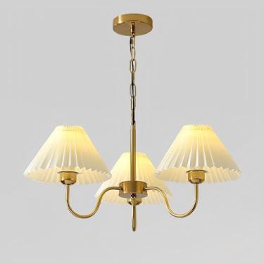 Imagem de Lustre moderno dourado para interiores com cúpula de tecido plissado, ideal para cozinha, quarto, escritório, sala de estar, sala de estudos e sala de jantar. Iluminação pendente.
