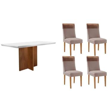 Imagem de Mesa Cozinha Berlim c/ Tampo Madeirado c/ Vidro Canto Curvo 120x80cm e 4 Cadeiras Jaspe Madeira Maciça Naturale/Off White - Capuccino/Linho Capuccino-