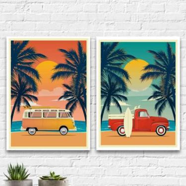 Imagem de Kit 2 Quadros Decorativos Carros Na Praia 45X34Cm - Branca