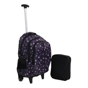 Imagem de Kit Mochila + Estojo Infantil Feminina Rodinhas Preta e Lilás DL0668 -