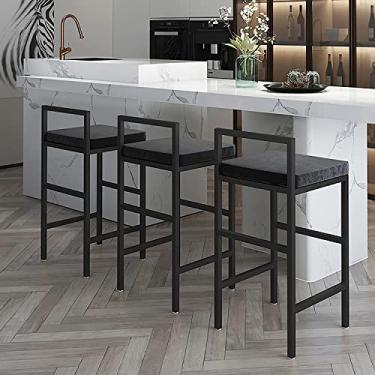 Imagem de Banquetas de bar conjunto de 3 bancos de bar de veludo preto para cozinha banco de café da manhã com encosto pernas de metal com apoio para os pés, cadeira de balcão acolchoada
