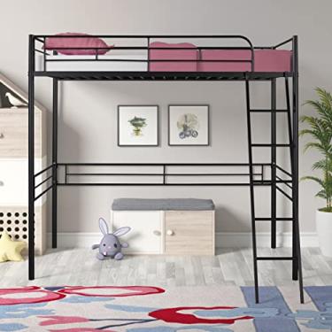 Imagem de Cama de solteiro Loft com estrutura de metal com escada anexa, guarda-corpos de comprimento total na cama superior e espaço de armazenamento embaixo da cama de 152 cm, sem necessidade de mola box, 198