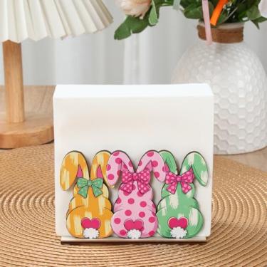 Imagem de Suporte de guardanapo de coelho da Páscoa, rack de armazenamento de guardanapos em pé de coelho com arco colorido, organizador de lenços de mesa vertical decorativo para jantar em casa suprimentos de