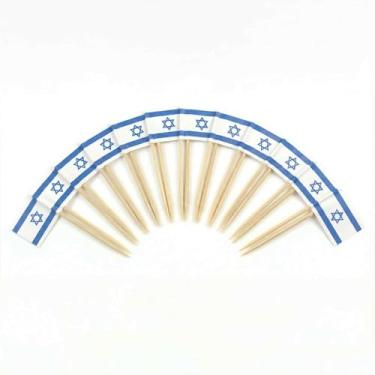 Imagem de 120 palitos de coquetel com bandeira de Israel - palitos de bambu de 6,5 cm (2,5 pol) com mini bandeiras - palhetas resistentes para decoração de alimentos e bebidas para festas, bares, catering e
