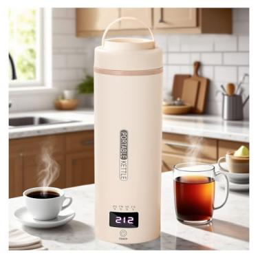 Imagem de Chaleira elétrica portátil de viagem com plugue de ebulição e mantém quente via USB, 6 configurações de temperatura, aço inoxidável 304 com desligamento automático de 473 ml (bege)