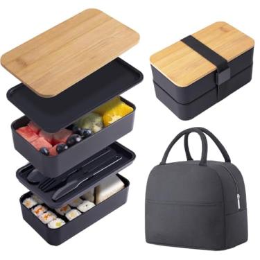 Imagem de Lunch Box Bento em Camadas com Tampa de Bambu Compartimentos Empilháveis Seguro para Micro-ondas e Lavadora Louça Caixa Alimentos Portátil Sacola Estudantes Trabalhadores Escritório Viajantes