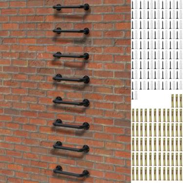 Imagem de Escada montada na parede, degrau de aço industrial de 1 degrau - pacote com 8 para segurança de armazém e porão | Capacidade de 317 kg, metal preto antiferrugem, kit de montagem universal para paredes