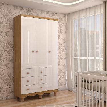 Imagem de Guarda-Roupa de Bebê Sueño 3 Portas 3 Gavetas 100% Mdf Branco Brilho/Amêndoa - Panorama Móveis