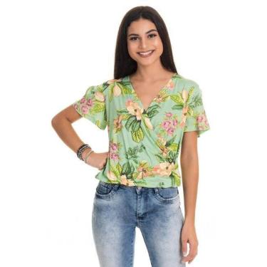 Imagem de Blusa Malha Estampada Transpassada Ombro Vazado Mangas Godê-Feminino