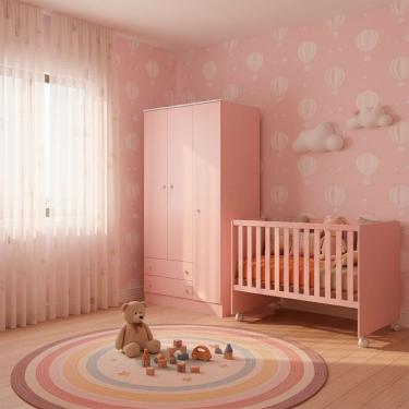 Imagem de Quarto Bebe Infantil Doce Sonho Berco Reto Rodizio e Guarda Roupas Multiuso Qmovi