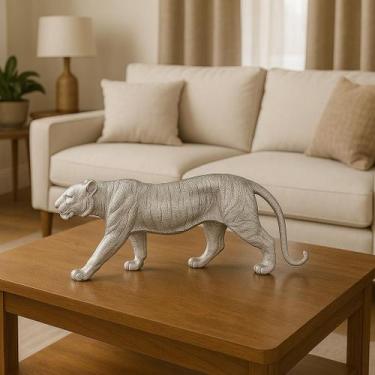 Imagem de Estátua Tigre Decorativo Luxo em Resina Dourado Rico em Detalhes - Par
