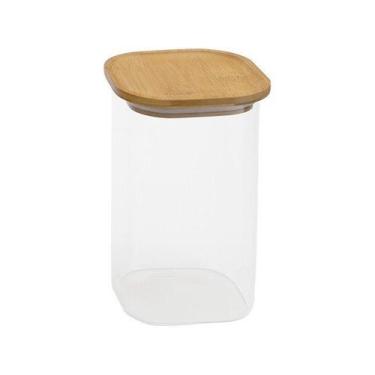 Imagem de Pote de Vidro com Tampa de Bambu Oikos 1,4L Hermético Quadrado Empilhá