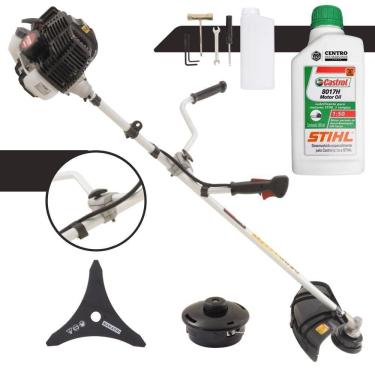 Imagem de Máquina de Cortar Grama À Gasolina Kawashima KW43-LE KW43LE 2T 43cc 1,7HP Roçadeira Com Lâmina 3 Pontas e Cabeçote Nylon + ÓLEO STIHL 2T