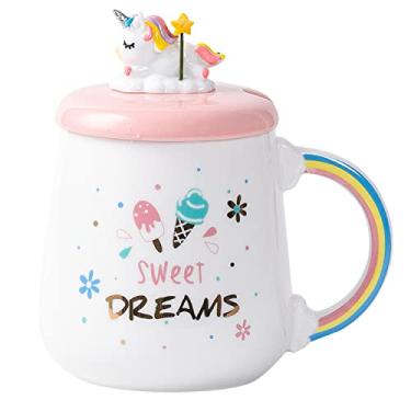 Imagem de Caneca de unicórnio com tampa de colher, estilo nórdico, caneca de leite infantil de cerâmica, xícara de chá, presente, escritório, casa (sorvete de unicórnio, 400 ml)