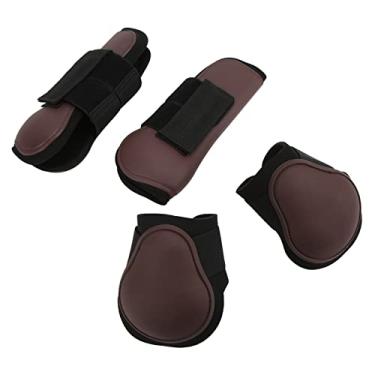 Imagem de Shanrya Botas de suporte para cavalos, botas de perna de cavalo resistentes a impactos, neoprene de poliuretano para competição para pular para andar (conjunto de marrom, M)