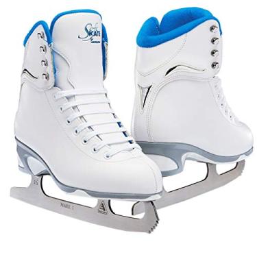 Imagem de Patins de gelo Jackson Ultima feminino/feminino/feminino/pequeno/finesse 180 cano alto com cadarço, suporte médio, softskate, White/Blue, 9 Women's
