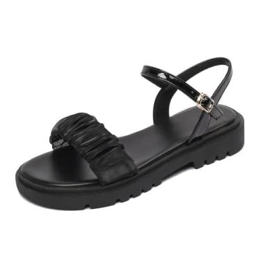 Imagem de Sandálias femininas de verão estilo fada uma palavra sandálias de cinto moda plana com sola grossa, Preto 20, 39 BR