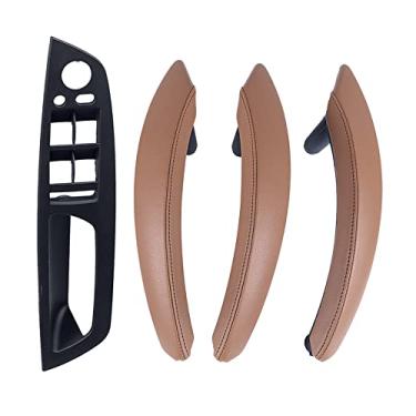 Imagem de para BMW X5 X6 Painel de apoio de braço de interruptor de janela, puxador de porta interno de couro, kit de capa de acabamento para BMW X5 E70 2007-2013 X6 E71 E72 2008-2014 (marrom, orifício duplo (alta configuração))