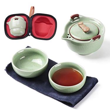 Imagem de Conjunto de bule de chá de cerâmica para viagem, bule de chá de kung fu chinês, 1 bule de chá de 2 minifu de porcelana com infusor, bolsa portátil, tudo em um para piquenique, acampamento, ao ar