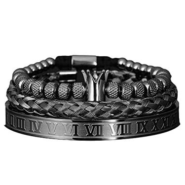 Imagem de AIDUOMIRZER Pulseira masculina com pingente de coroa real romana de luxo geométrica de aço inoxidável pulseiras ajustáveis abertas para casais joias presente, 7.5inches, Metal, Pedra preciosa de