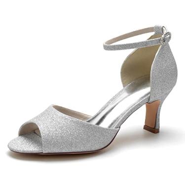Imagem de Sandálias femininas Peep Toe Glitter Salto gatinho Sapatos de noiva para casamento Vestido de festa Conforto, Prata, 11