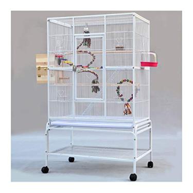 Imagem de KIZQYN Gaiolas de pássaro grande de papagaio de metal com roda, calopita periquito canário periquito periquito gaiola de papagaio gaiola de pássaro para animais de estimação com escada brinquedos pendurados gaiola de voo (cor: branco)