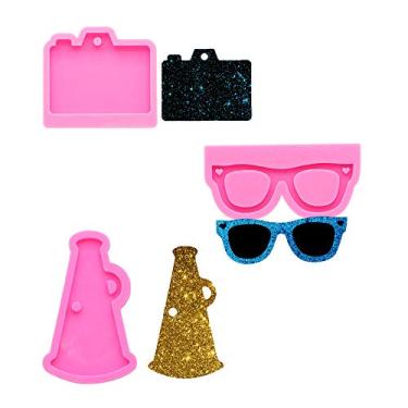 Imagem de 3 peças brilhantes brilhantes em forma de gl forma de câmera fotografia megafone viagem chaveiro com furo molde de silicone para fondant doces balas geleia bagagem etiqueta decoração bolo brincos de cristal pingente
