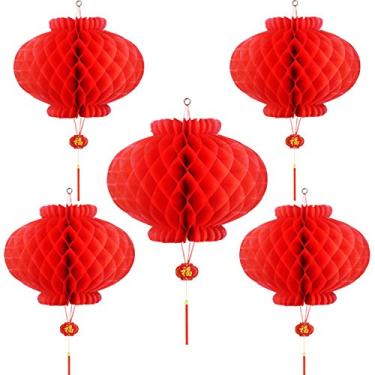 Imagem de Lanternas de papel vermelho de 25,4 cm para decoração de festivais de primavera de ano novo chinês comemoração e festa de aniversário de casamento, Tradicional, Lanterns-10pcs
