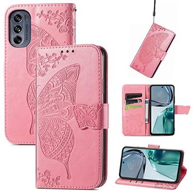 Imagem de Capas de telefone borboleta em relevo compatíveis com Motorola Moto G62 G 62 5G capa de couro moda slots para cartão clipe de carteira capa de telefone à prova de choque (rosa, Moto G62 5G)