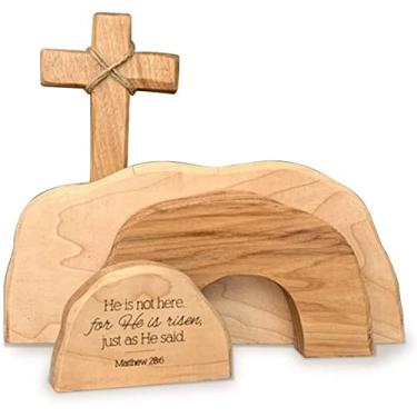 Imagem de Conjunto de decorações religiosas de Páscoa - Túmulo vazio Páscoa Natividade Jesus Presépio Decoração Cruz de madeira Conjunto de estátua de túmulo vazio Estátua de madeira Jesus Quebra-cabeça Decoração de interiores para casa