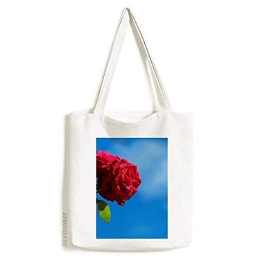 Imagem de Bolsa sacola de lona azul céu rosas vermelhas folhas verdes bolsa de compras casual bolsa de mão