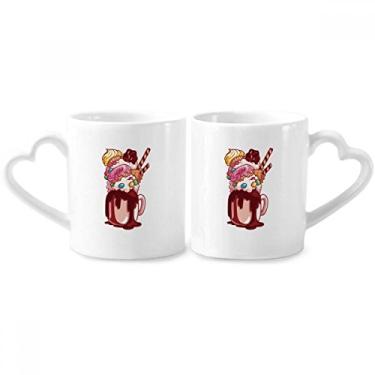 Imagem de Conjunto de canecas de porcelana para casais de chocolate donut com alça de coração