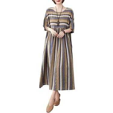 Imagem de Moniss Vestido feminino vintage de linho de algodão estampado listrado decote em O manga curta bolso solto vestido casual