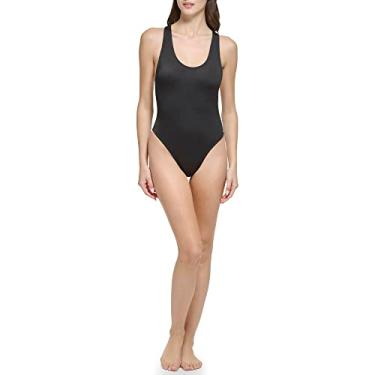 Imagem de Calvin Klein Maiô feminino clássico sobre os ombros, Preto canelado sedoso, GG