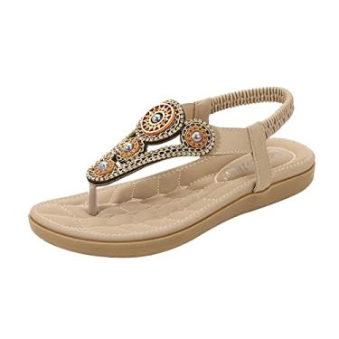 Imagem de Sandálias de cunha femininas de dedo do pé anabela feminina flip elástico redondo sapatos banda strass moda sandálias confortáveis sandálias femininas (bege, 7,5)