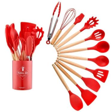 Imagem de Jogo Kit 12 Peças Utensílios Cozinha Silicone Premium C/Cabo Madeira Escumadeira Espátula Concha Pote Azul Vermelho Cinza Rosa Preto Branco (VERMELHO)