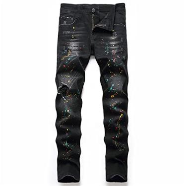 Imagem de Generic Jeans dos homens Casual Impresso Jeans Calças Jeans Skinny Calças Regulares,Black,34