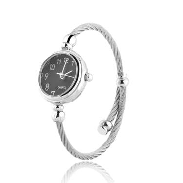 Imagem de FILFEEL Relógios para mulheres, analógico, redondo, quartzo, pulseira aberta, pulseira aberta, relógio de pulso, Disco preto digital, Digital, movimento de quartzo