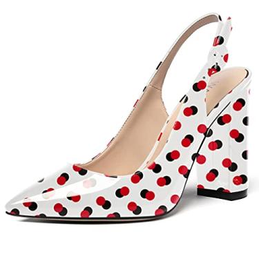 Imagem de WAYDERNS Sapatos femininos de couro envernizado bico fino tira no tornozelo salto alto bloco sapatos sexy vestido de casamento 4 polegadas, Pontos pretos vermelhos, 6.5