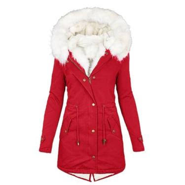 Imagem de BFAFEN Casacos femininos quentes de inverno com capuz jaqueta parca militar espessa jaqueta de algodão forrada com lã casual, Vermelho, GG