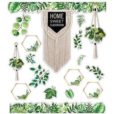Imagem de Schoolgirl Style Conjunto de quadro de avisos Simply Boho — Cabeça de macramê para sala de aula doce, acabamento de borda de folha, plantas penduradas, folhas sortidas, recortes hexagonais (58 peças)