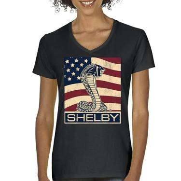 Imagem de Camiseta feminina Shelby Cobra bandeira gola V Legend Muscle Car Racing Mustang GT500 GT350 427 Performance Powered by Ford Tee, Preto, P