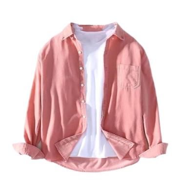 Imagem de WOLONG Camisa masculina de veludo cotelê de manga comprida, ajuste regular, gola abotoada, com bolso no peito, camisas masculinas casuais, rosa, G