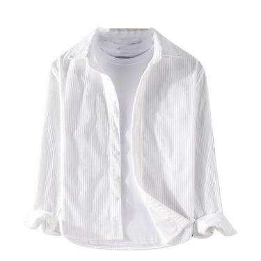 Imagem de Camisa vintage manga longa cor sólida veludo cotelê camisa masculina gola virada para baixo camisa masculina fina, Branco, P