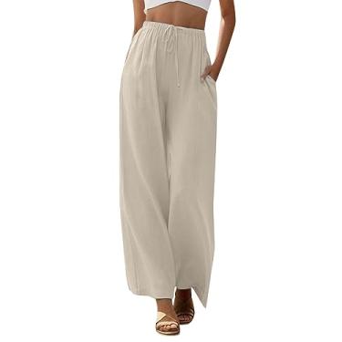 Imagem de Calça feminina de perna larga, larga, cintura alta, calça social de algodão de linho de verão leve para trabalho, Bege, XXG